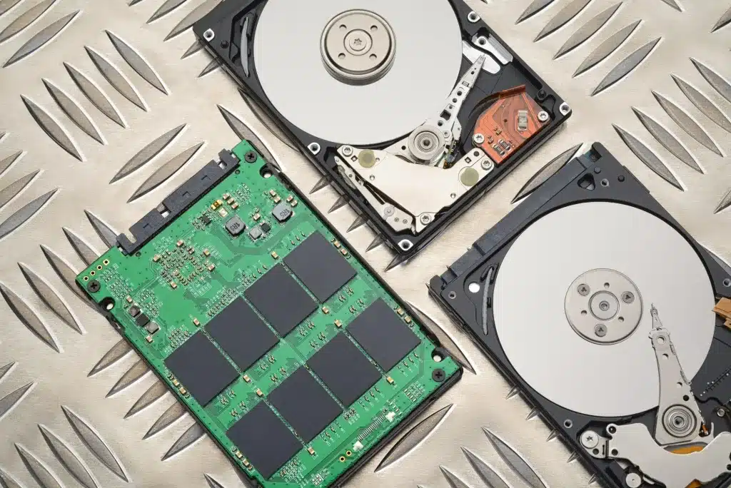 Open HDD and SSD disk drives on metal plate background