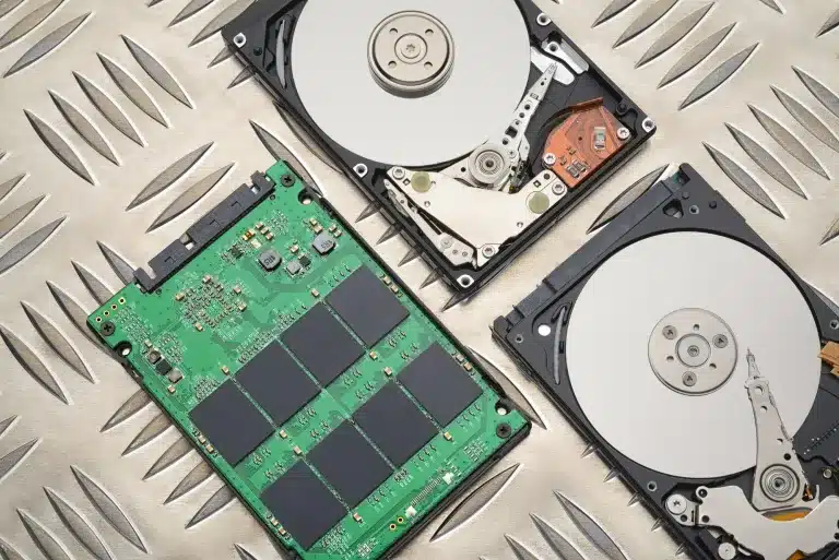 Open HDD and SSD disk drives on metal plate background